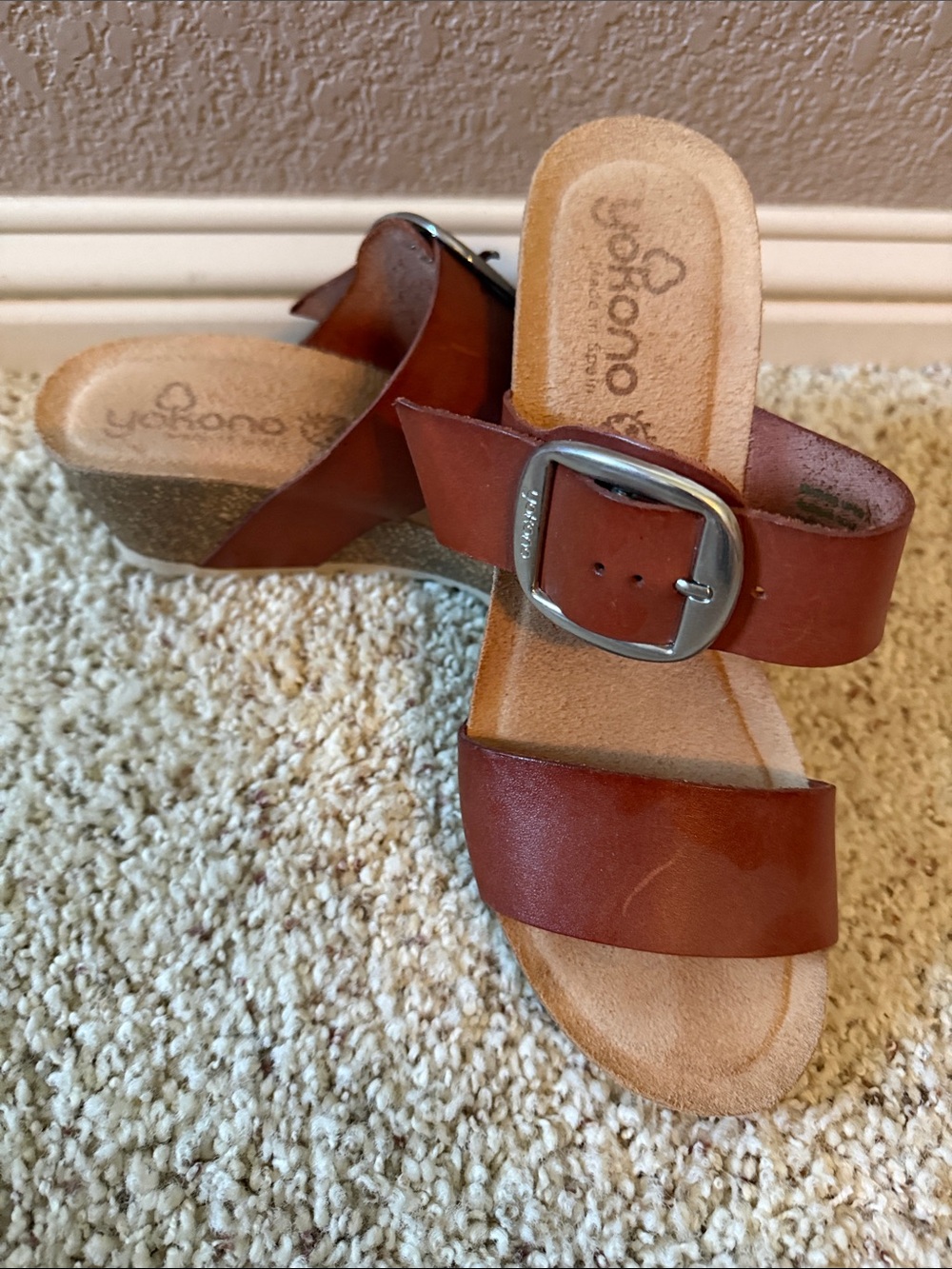 Yokono Brown Leather Wedge Slide Sandals